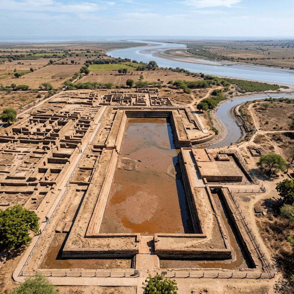 Aerial view of ruins of an ancient rectangular structure with a large central water reservoir near a river