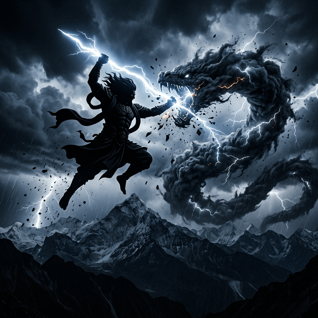Silhouetted warrior battling a lightning-filled cloud creature above mountain peaks