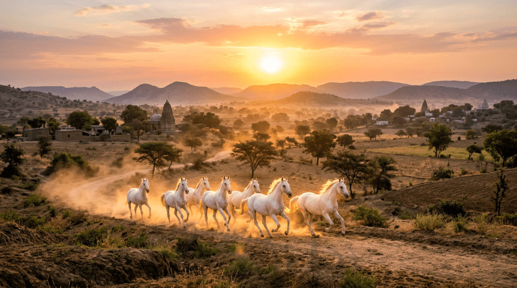 Seven white horses gallop along a dusty rural path at sunset